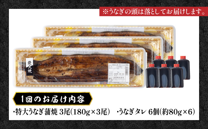【3回定期便】 国産 うなぎ 本格炭火焼 蒲焼 特大 3尾 計540g（180g×3尾）/すみまる [UDH014] 手焼き 冷凍