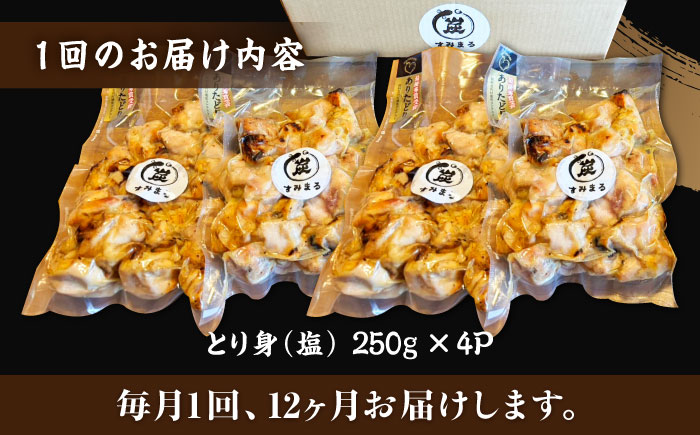 【12回定期便】本格炭火焼 やきとり パラちゃん 塩 250g×4パックセット/すみまる [UDH067]
