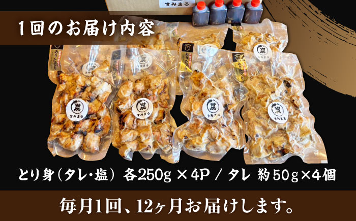 【12回定期便】本格炭火焼 やきとり パラちゃん 250g×8パックセット（タレ・塩 各4パック）/すみまる [UDH071]