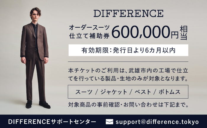 DIFFERENCE オーダースーツ お仕立て補助券（600,000円相当） [UEK007] スーツ スーツ仕立券 オーダースーツ仕立券 チケット