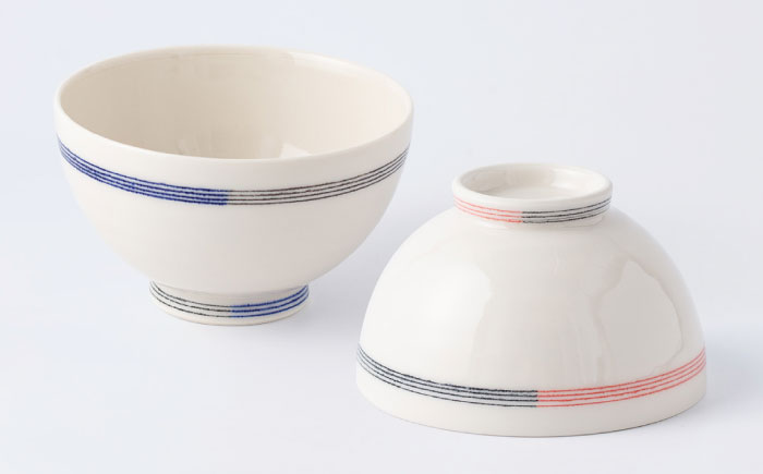 【眞珠陶磁器工房】線彫象嵌 ペア飯碗 大2点セット（緑・赤） [UEY002]