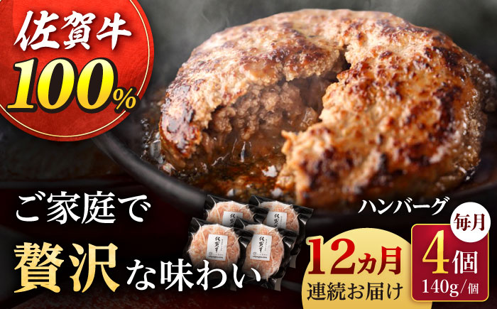 【2026年2月開始】【12回定期便】佐が家 佐賀牛100% ハンバーグ 4個（140g×4個）/ナチュラルフーズ [UBH022] 牛肉 肉 ハンバーグ 加工品 冷凍 小分け 個包装