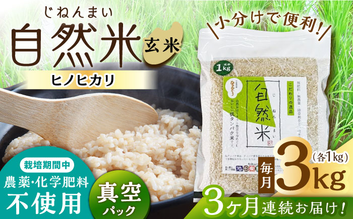 【3回定期便】栽培期間中 農薬・化学肥料不使用 自然米 玄米 3kg（ヒノヒカリ 1kg×3袋）/自然庵 [UCQ022]