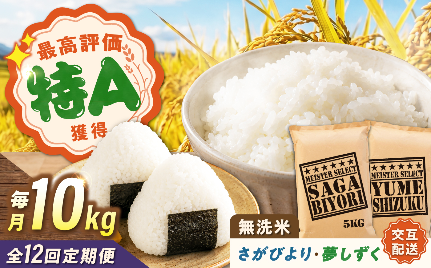 【12回定期便】 無洗米 毎月 10kg （さがびより・夢しずく交互お届け） 無洗米 お米 白米 精米 佐賀県産 米 /大塚米穀店 [UFE025]