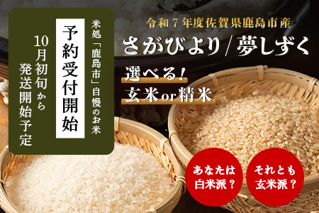 令和7年産 鹿島市産 [さがびよりor夢しずく] 5kg 1袋 【品種指定不可】 玄米 精米 10月初旬から発送開始予定　C-154