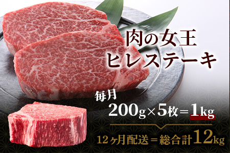 佐賀牛　肉の嬢王ヒレ肉ステーキ用（200g×5枚）　１２回定期便　総重量12kg １２回定期便