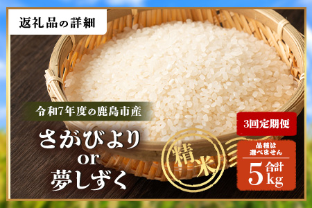 【3回定期便】令和7年産 鹿島市産 [さがびよりor夢しずく] 5kg 1袋 ×3ヶ月【品種指定不可】 玄米 精米　F-92