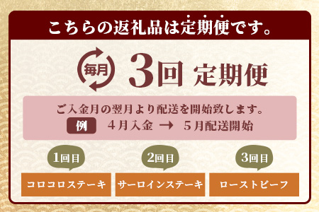 【定期便3回】佐賀牛 食べ比べ お試し定期便 サイコロステーキ サーロインステーキ ローストビーフ F-57