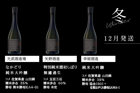 【定期便 4回配送】酒どころ鹿島 旬の日本酒定期便「旬一（しゅんのはじまり）」合計12本 酒 日本酒 純米大吟醸 純米 生原酒 純米吟醸 特別純米酒 無濾過生 光武酒造 矢野酒造 幸姫酒造 O-3
