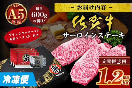 【定期便2回配送】＼極上のご褒美肉！／佐賀牛サーロインステーキ 200g×3枚 全2回配送 計1,200g｜A5・A4等級 厳選黒毛和牛 とろける霜降り 高級ステーキ 贈答 ギフト対応可 定期便 定期配送 国産牛 佐賀県鹿島市 送料無料 H-51