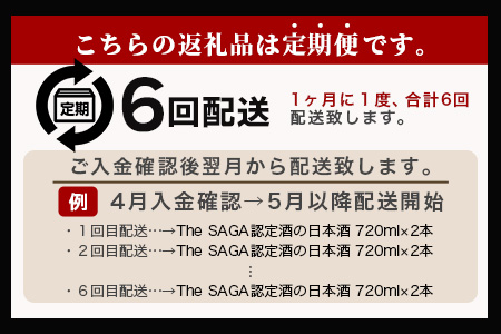 【定期便】【６ヶ月】TheSAGA認定酒 おたのしみ定期便【毎月1回720ml×2本を計6回お届け】[佐賀県 鹿島市 定期便 6回 お酒 酒 おさけ 日本酒 TheSAGA認定酒 TheSAGA 認定酒 純米吟醸酒 純米酒 特別純米酒 720ml 2本 おまかせ 定期発送 人気 おすすめ 送料無料] K-13