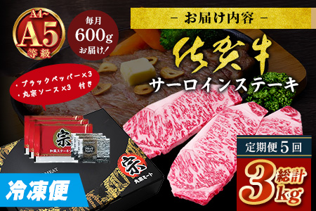 【定期便5回配送】＼極上のご褒美肉！／佐賀牛サーロインステーキ 200g×3枚 全5回配送 計3,000g｜A5・A4等級 厳選黒毛和牛 とろける霜降り 高級ステーキ 贈答 ギフト対応可 定期便 定期配送 国産牛 佐賀県鹿島市 送料無料 Q-7
