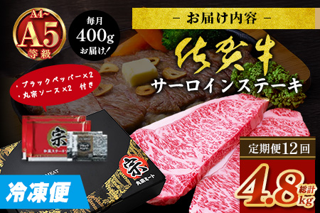 【定期便12カ月配送】＼極上のご褒美肉！／佐賀牛サーロインステーキ 200g×2枚 A5・A4等級 厳選黒毛和牛 とろける霜降り 高級ステーキ 贈答・ギフト対応可 国産牛 定期便 12カ月 佐賀県鹿島市 送料無料　V-71