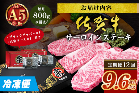 【定期便12回配送】＼極上のご褒美肉！／佐賀牛サーロインステーキ 200g×4枚 全12回配送 計9,600g｜A5・A4等級 厳選黒毛和牛 とろける霜降り 高級ステーキ 贈答 ギフト対応可 定期便 定期配送 国産牛 佐賀県鹿島市 送料無料 V-75