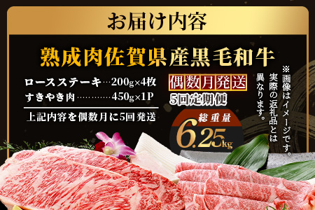 W-2  【熟成肉『堪能』コース５回定期便】佐賀県産黒毛和牛 ロースステーキ＆すきやき肉