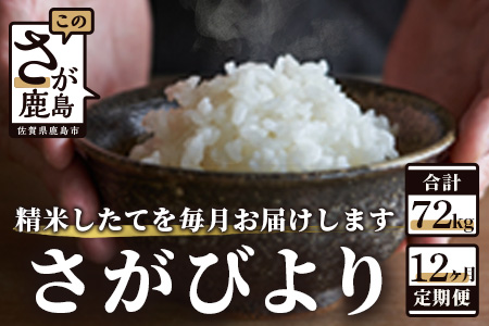 N-10【新鮮米】佐賀県鹿島市産さがびより 白米６kg定期便（１２か月お届け）【1等米】