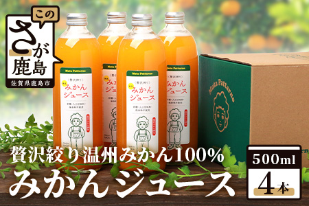 【予約受付】100% 生搾り ストレートジュース 鹿島市産 温州みかん みかんジュース 500ml×合計4本 佐賀県 鹿島市 B-540