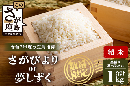  令和7年産 鹿島市産 [さがびよりor夢しずく] 1kg 1袋 【品種指定不可】 玄米 精米  AA-73