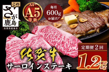 【定期便2回配送】＼極上のご褒美肉！／佐賀牛サーロインステーキ 200g×3枚 全2回配送 計1,200g｜A5・A4等級 厳選黒毛和牛 とろける霜降り 高級ステーキ 贈答 ギフト対応可 定期便 定期配送 国産牛 佐賀県鹿島市 送料無料 H-51
