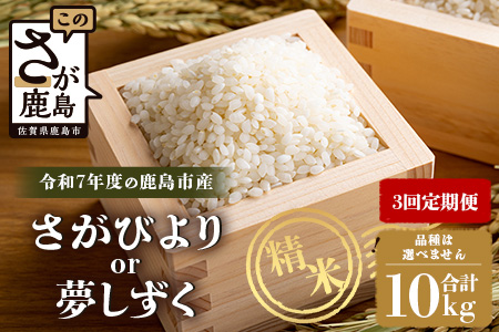 【3回定期便】 令和7年産 鹿島市産 [さがびよりor夢しずく] 10kg 1袋 ×3ヶ月【品種指定不可】 玄米 精米  K-19