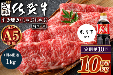 【定期便10カ月配送】＼とろける佐賀牛／【佐賀牛肩ローススライス1kg（500g×2パック）】小分けで便利 ブランド牛 霜降り 極上 高級肉 贅沢 すき焼き しゃぶしゃぶ 鍋 大容量 肉の甘み 柔らかい ギフトにも最適 定期便 10カ月 お中元 お歳暮　V-70