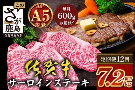 【定期便12回配送】＼極上のご褒美肉！／佐賀牛サーロインステーキ 200g×3枚 全12回配送 計7,200g｜A5・A4等級 厳選黒毛和牛 とろける霜降り 高級ステーキ 贈答 ギフト対応可 定期便 定期配送 国産牛 佐賀県鹿島市 送料無料 V-72