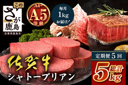 【定期便5カ月配送】佐賀牛ヒレシャトーブリアン200g×5枚 | 最高級 佐賀牛の最高峰 肉の芸術 五感で味わう極上肉 シャトーブリアン 肉 牛肉 高級肉 国産 定期便 5ヵ月 佐賀県 鹿島市 人気 送料無料　X-7