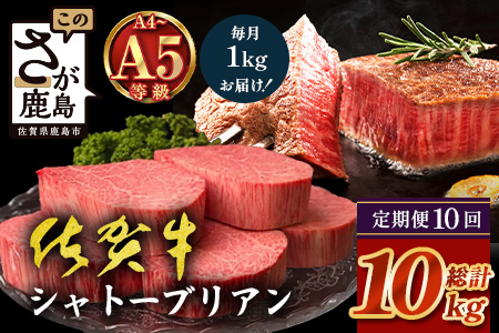 【定期便10カ月配送】佐賀牛ヒレシャトーブリアン200g×5枚 | 最高級 佐賀牛の最高峰 肉の芸術 五感で味わう極上肉 シャトーブリアン 肉 牛肉 高級肉 国産 定期便 10カ月 佐賀県 鹿島市 人気 送料無料　Y-4