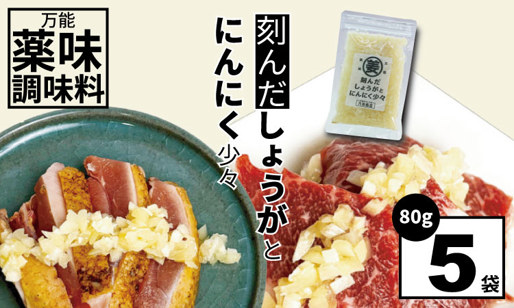 万能 薬味 調味料 「刻んだしょうがとにんにく少々 80g 」（5袋）佐賀の キムチ屋 乃市商店 肉料理 納豆 そうめん の薬味 パスタ ステーキ 焼肉のタレ 馬刺し 地鶏のたたき 冷奴 ほかほかご飯 鰹のたたき 焼き魚
