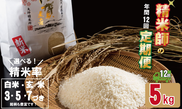 【定期便】 (12ヶ月連続お届け) 大坪精米所 佐賀ブランド米定期便（5kg×12回） 選べる精米率（玄米・3分.5分.7分づき・白米）