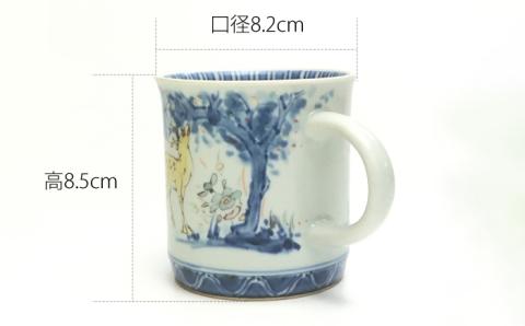 染錦鹿文マグカップ谷鳳窯肥前吉田焼器食器磁器染錦染付色絵赤絵鹿文シルクロードNAT006