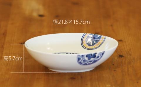 染錦花兎文楕円鉢谷鳳窯肥前吉田焼器お皿楕円鉢鉢食器磁器染錦染付色絵赤絵兎NAT008