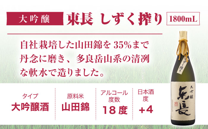 【3回定期便】【限定品】 大吟醸 東長 しずく搾り1.8L 【瀬頭酒造】 [NAH024] 日本酒 酒 地酒 東長 佐賀県 嬉野市