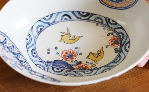 染錦花兎文楕円鉢谷鳳窯肥前吉田焼器お皿楕円鉢鉢食器磁器染錦染付色絵赤絵兎NAT008