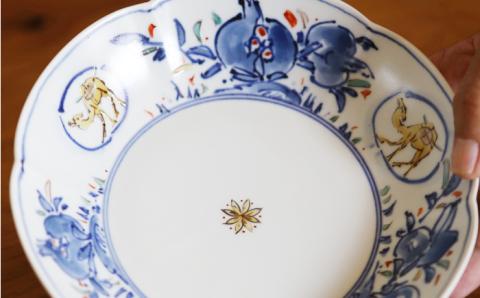 染錦柘榴駱駝文多用鉢谷鳳窯肥前吉田焼器お皿食器磁器染錦染付色絵赤絵駱駝らくだNAT009