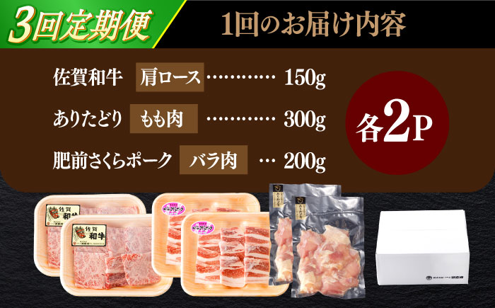 【3回定期便】佐賀和牛・ありたどり・肥前さくらポーク 焼肉セット 計1.3kg【一ノ瀬畜産】 [NAC171] 佐賀県産 牛肉 鶏肉 豚肉 焼肉 BBQ 定期便