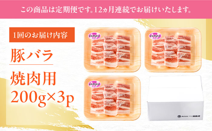 【12回定期便】肥前さくらポーク バラ肉 焼肉用 総計7.2kg【一ノ瀬畜産】 [NAC603] 豚肉 バラ 豚バラ 焼肉 BBQ