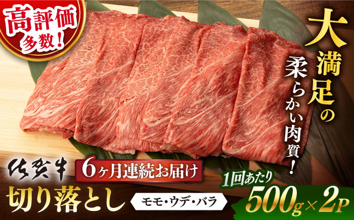 【6回定期便】【先行予約】 佐賀牛 切り落とし 1kg (500g x2P 総計 6.0kg)【桑原畜産】 [NAB054] 牛肉 佐賀県産 黒毛和牛 切落し きりおとし