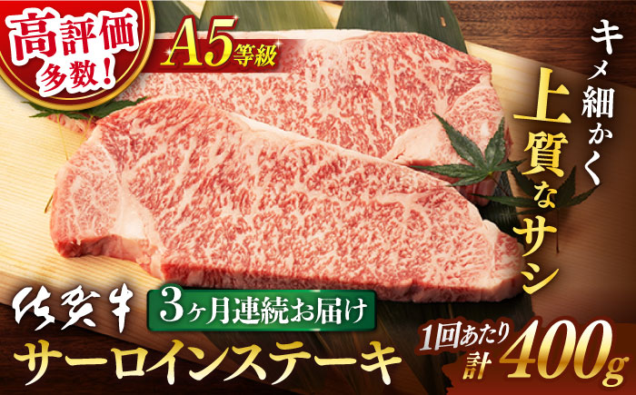 【3回定期便】 佐賀牛 A5 サーロイン ステーキ用 400g (2枚入りセット)【桑原畜産】 [NAB068] 牛肉 佐賀県産 黒毛和牛 サーロインステーキ 焼肉 BBQ