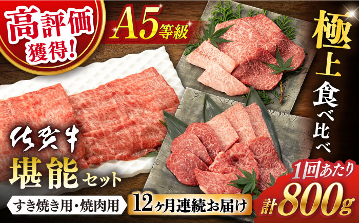 【12回定期便】佐賀牛 A5 堪能セット (しゃぶしゃぶ すき焼き用 ・ 焼肉用) 計800g(400g×2P) 【桑原畜産】 [NAB097] 牛肉 佐賀県産 黒毛和牛  すきやき 焼肉 BBQ バーベキュー 食べくらべ