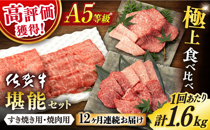【12回定期便】佐賀牛 A5 堪能セット (しゃぶしゃぶ すき焼き用 ・ 焼肉用) 計1.6kg(400g×4P) 【桑原畜産】 [NAB101] 牛肉 佐賀県産 黒毛和牛  すきやき 焼肉 BBQ バーベキュー 食べくらべ