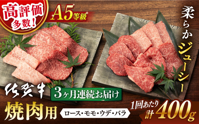 [3回定期便] 佐賀牛 A5 焼肉用 厳選部位 (ロース・モモ・ウデ・バラ) 400g (総計 1.2kg)[桑原畜産] [NAB029] 佐賀牛 牛肉 焼肉 BBQ 佐賀牛 牛肉 焼肉 BBQ