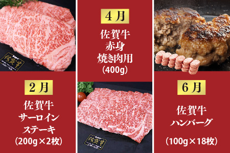 【偶数月発送 全6回定期便】ALL佐賀牛定期便【サーロインステーキ 赤身焼き肉 ハンバーグ カルビ焼肉 100%ハンバーグ ロースステーキ バラエティ豊か】(H118112)
