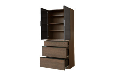 バルド 78カップボード ブラウン【キッチンボード 食器棚 収納 デザインガラス 飛散防止フィルム付き 完成品】(H062261)