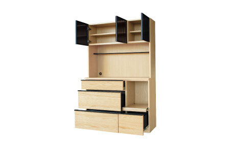 バルド 117キッチンボード ナチュラル【キッチンボード 食器棚 収納 デザインガラス 飛散防止フィルム付き 完成品】(H062257)