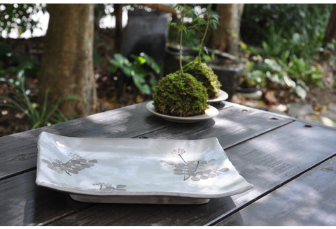 和紙染草花文絵皿A 【日の隈窯 和紙染 和紙 佐賀 陶器 粉引き 鉄絵 草花 窯元 陶芸作家 絵皿】(H025113)