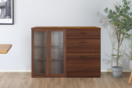 トラクト ガラス扉＋チェスト＋120天板 WN【食器 キャビネット 家具 国産 組み合わせ 収納家具 完成品】(H060668)