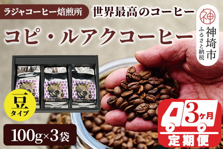 ジャコウネコ珈琲　コピ・ルアク 100g×3袋 合計300g【3回定期便】【最高級豆 幻のコーヒー】(H070106)