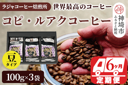 ジャコウネコ珈琲　コピ・ルアク 100g×3袋 合計300g【6回定期便】【最高級豆 幻のコーヒー】(H070108)