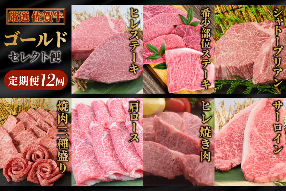 【特選定期便 全12回】 佐賀牛 ゴールドセレクト便【合計 11.7kg】【国産和牛 牛肉 肉 牛 ヒレ サーロイン シャトーブリアン 肩ロース ウデスライス ステーキ すき焼き しゃぶしゃぶ 焼肉】(H085197)